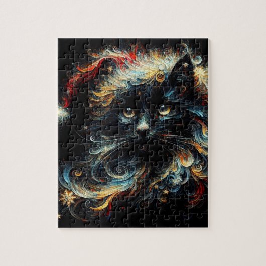 Whimsical Lang Haar Zwart Kat Kerstmis Pet Legpuzzel (Verticaal)