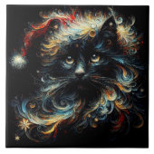 Whimsical Lang Haar Zwart Kat Kerstmis Pet Tegeltje (Voorkant)