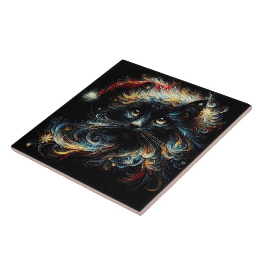 Whimsical Lang Haar Zwart Kat Kerstmis Pet Tegeltje (Zijkant)