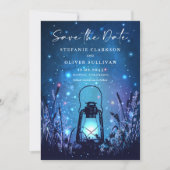 Whimsical lantaarn en vuurvliegjes blauw save the date (Voorkant)