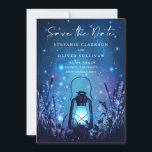 Whimsical lantaarn en vuurvliegjes blauw save the date<br><div class="desc">Kondig uw trouwdatum aan met deze aanpasbare bewaart u de datumkaart. Het bevat een grillige scène van een  lantaarn en vuurvliegjes. Deze grillige save de datum aankondiging is perfect voor elk bruiloft thema of seizoen.</div>