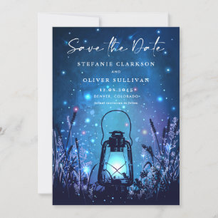 Whimsical lantaarn en vuurvliegjes blauw save the date