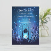 Whimsical Lantern and Fireflies Blue Save the Date (Staand voorkant)
