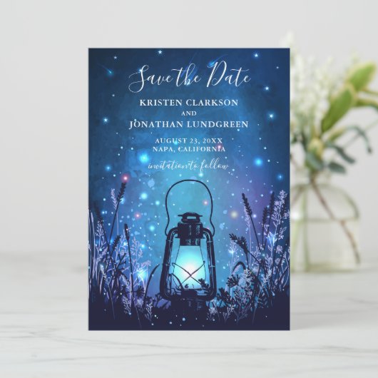 Whimsical Lantern and Fireflies Blue Save the Date (Staand voorkant)