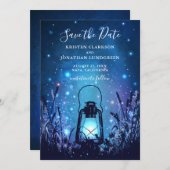 Whimsical Lantern and Fireflies Blue Save the Date (Voorkant / Achterkant)