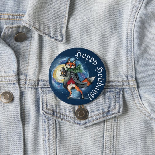 Whimsical Lantern Fox in the Snow-Holiday Ronde Button 7,6 Cm (In situ)