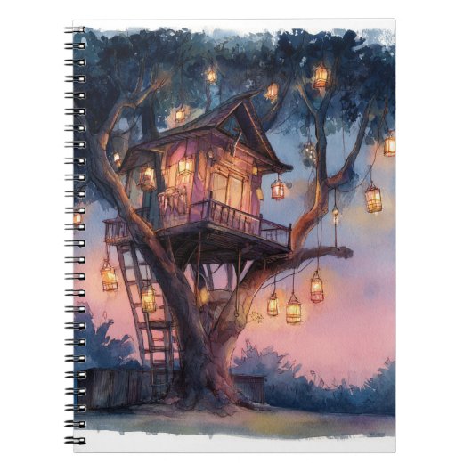 Whimsical Lantern Treehouse Twilight Art Notitiebo Notitieboek (Voorkant)