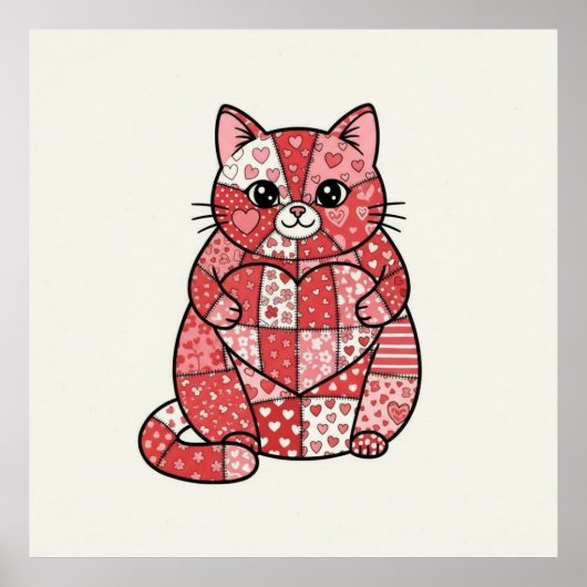 Whimsical Lapjeskatje met Hart Kunst Poster (Voorkant)