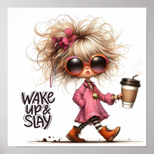 Whimsical Latte Girl Wake Up & Slay Motivatie Poster (Voorkant)