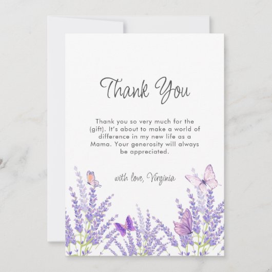 Whimsical Lavendel Bloemen Vlinder Baby shower Bedankkaart (Voorkant)