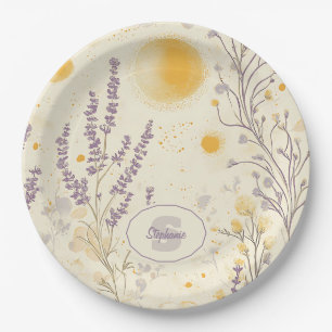 Whimsical Lavendel & Geel Bloempatroon Papieren Bordje