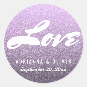 Whimsical Lavendel Glitter Bruiloft Liefde Typogra Ronde Sticker