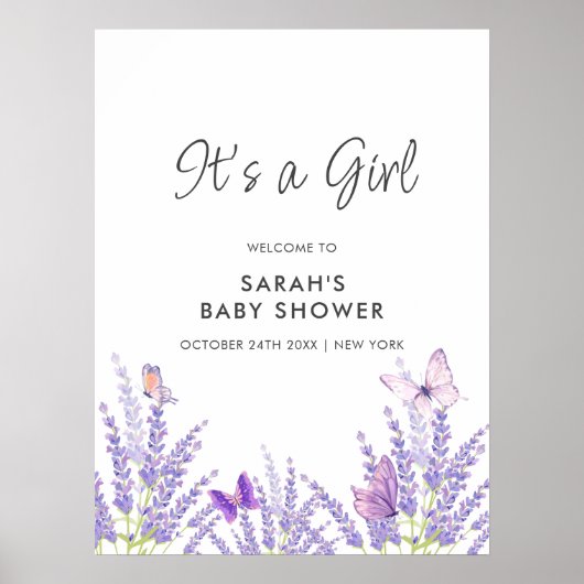 Whimsical Lavendel Vlinder Baby shower Welkom Poster (Voorkant)