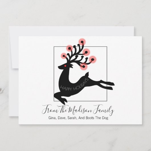 Whimsical Leaping Reindeer Silhouette White Feestdagenkaart (Voorkant)
