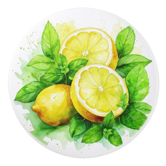 Whimsical Lemons en Mint Springs Illustratie Keramische Knop (Voorkant)