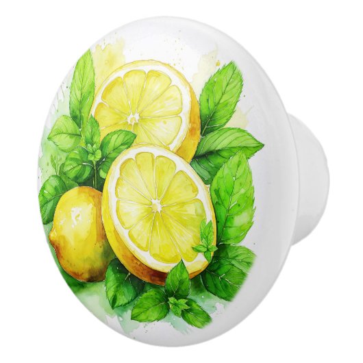 Whimsical Lemons en Mint Springs Illustratie Keramische Knop (Rechts)