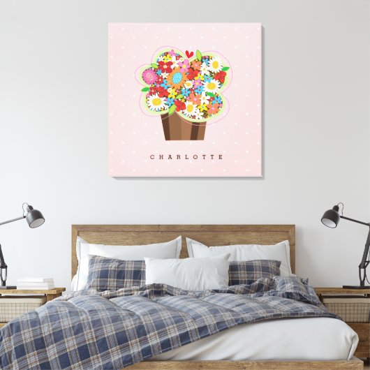 Whimsical Lente Bloemen Zoete Cupcake Kwekerij Kun Canvas Afdruk (Insitu (Slaapkamer))