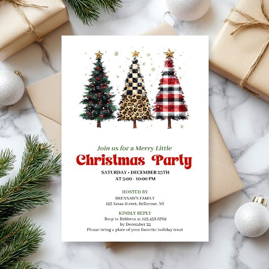 Whimsical leopard and gold Christmas tree invite Kaart