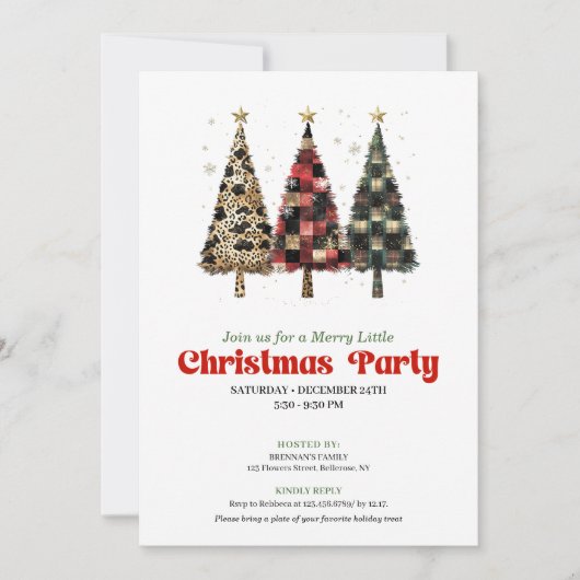 Whimsical leopard and plaid Christmas tree invite Kaart (Voorkant)