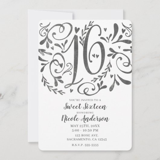 Whimsical  Lettering Chalk Sweet 16 Kaart (Voorkant)