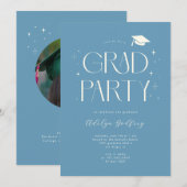 Whimsical Lettertype Denim Blauwe Afstudeerfeest Kaart (Voorkant / Achterkant)