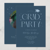 Whimsical Lettertype Navy Blauwe Afstudeerfeest Kaart (Voorkant / Achterkant)