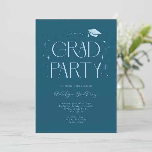 Whimsical Lettertype Teal Afstudeerfeest Kaart (Staand voorkant)
