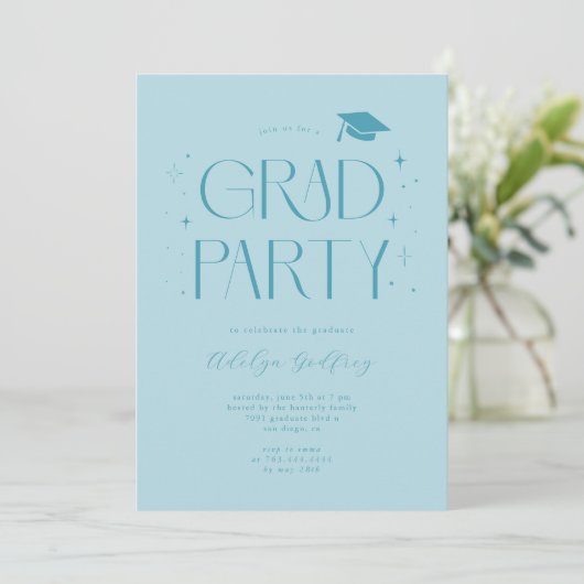 Whimsical Lettertype Turquoise Afstudeerfeest Kaart (Staand voorkant)