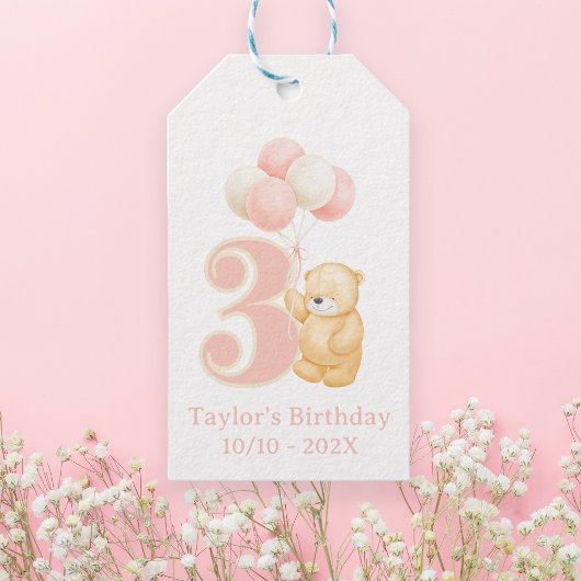 Whimsical Leuke Verjaardag 3 jaar oud Roze Beer na Cadeaulabel