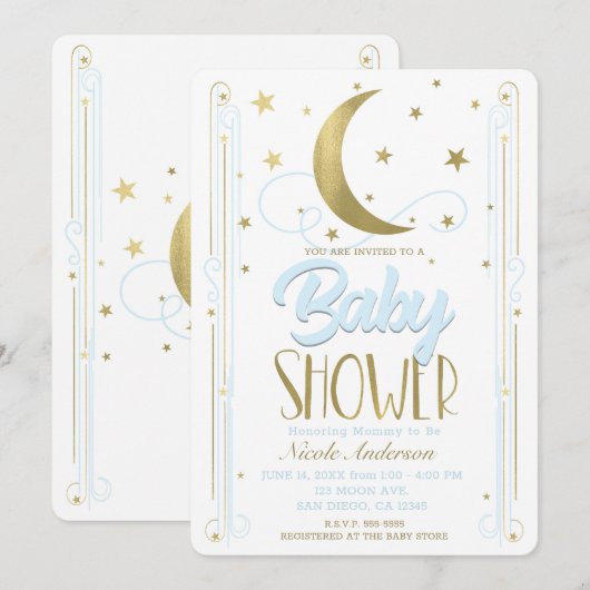 Whimsical Licht Blauw & Gouden Maan Sterren Baby s Kaart (Voorkant / Achterkant)