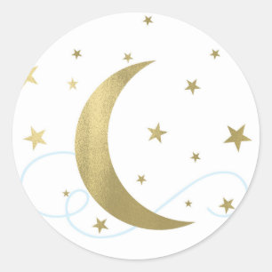 Whimsical Licht Blauw & Gouden Maan Sterren Baby s Ronde Sticker