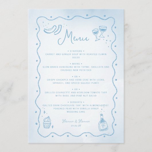 Whimsical licht blauw hand getrokken voedsel bruil menu (Voorkant)