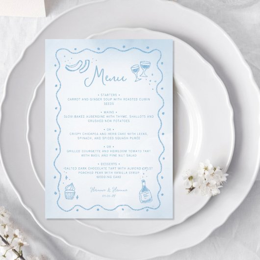 Whimsical licht blauw hand getrokken voedsel bruil menu