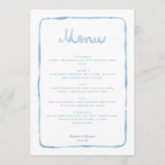 Whimsical licht blauw wit eenvoudig Lijst bruiloft Menu (Voorkant)