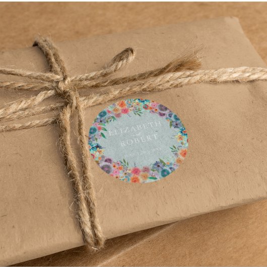 Whimsical Lichtblauw Wildflower Waterverf Bruiloft Ronde Sticker