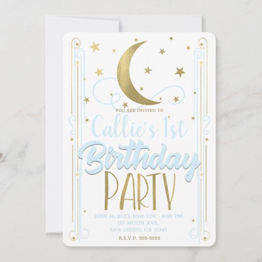 Whimsical lichtblauwe gouden maan sterren Verjaard Kaart (Voorkant)