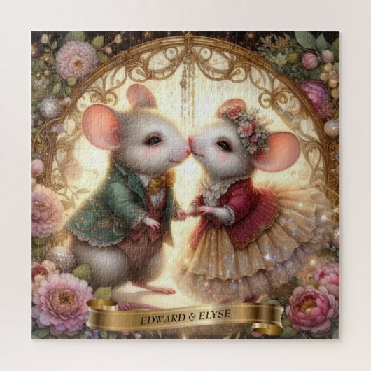 Whimsical liefde gepersonaliseerde muis paar bruil legpuzzel (Verticaal)