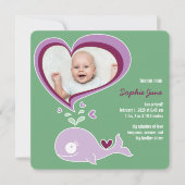 Whimsical liefde Paarse walvis baby meisje foto ge Aankondiging (Voorkant)