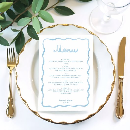 Whimsical Light Blauw Wit Wavy Lijst bruiloft Menu