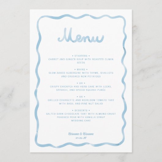 Whimsical Light Blauw Wit Wavy Lijst bruiloft Menu (Voorkant)