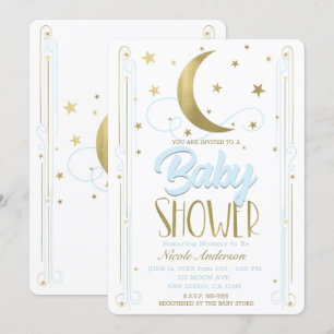 Whimsical Light Blue & Gold Moon Stars Baby shower Kaart