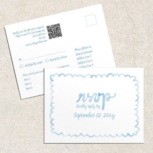 Whimsical Light Blue QR Code Maaltijdkeuzes RSVP Briefkaart