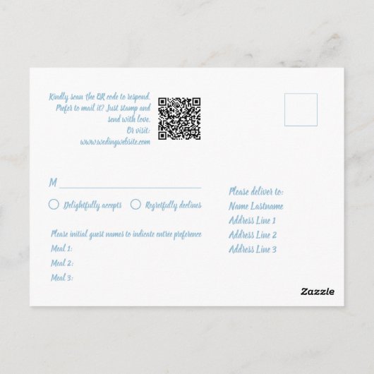 Whimsical Light Blue QR Code Maaltijdkeuzes RSVP Briefkaart (Achterkant)