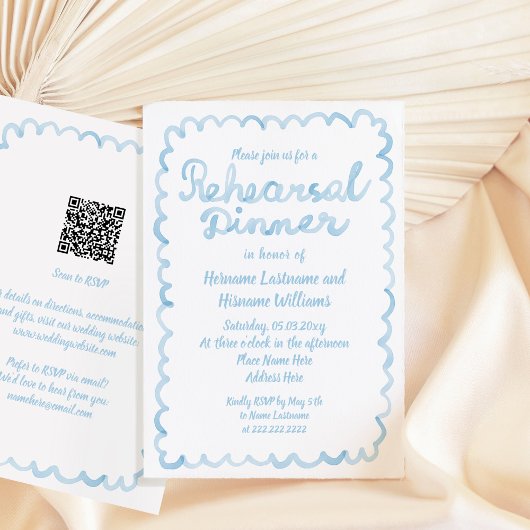 Whimsical Light Blue QR RSVP Code repetitie diner Kaart