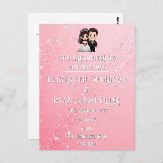 "Whimsical Light Pink Wedding Invitations Sparkles Briefkaart (Voorkant / Achterkant)