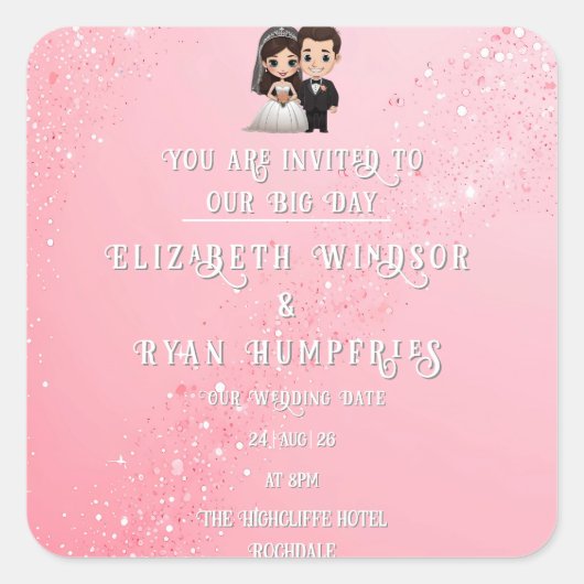 "Whimsical Light Pink Wedding Invitations Sparkles Vierkante Sticker (Voorkant)