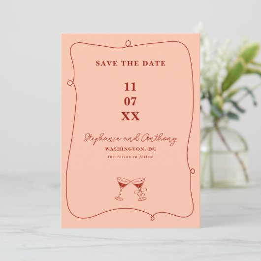 Whimsical Lijst en glazen rood en koraal bruiloft Save The Date (Staand voorkant)