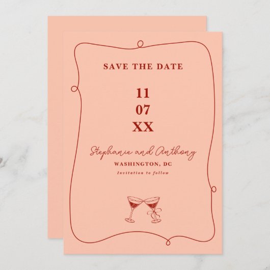 Whimsical Lijst en glazen rood en koraal bruiloft Save The Date (Voorkant / Achterkant)