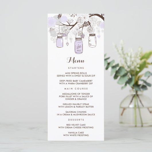 Whimsical Lila Mason Jars Floral Menu Kaart (Staand voorkant)