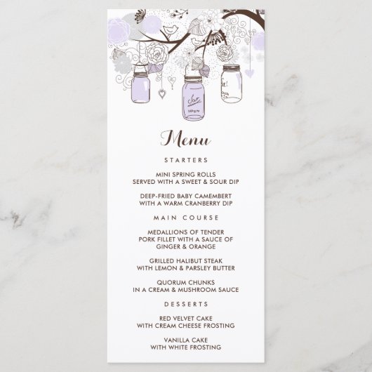 Whimsical Lila Mason Jars Floral Menu Kaart (Voorkant)